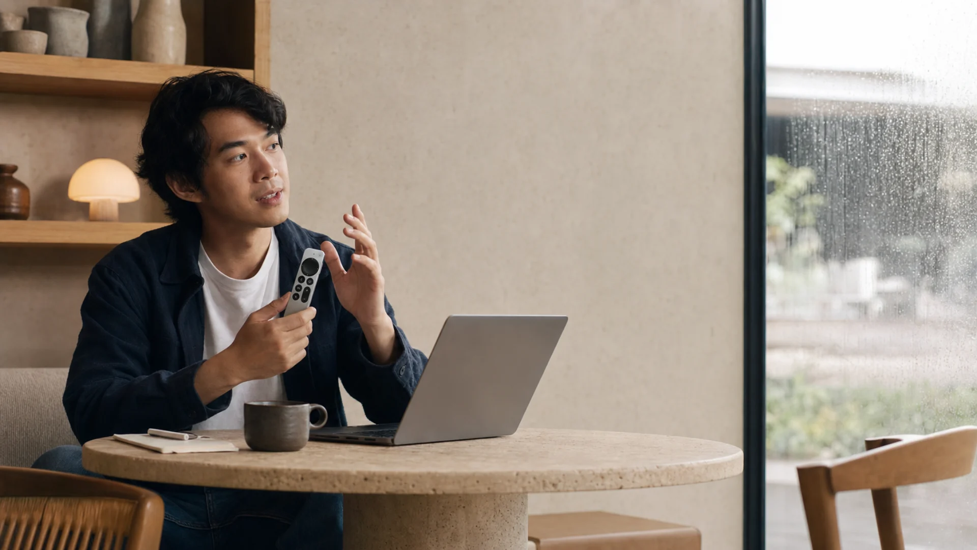 Creator talking through an idea with a Siri Remote at a daylight café