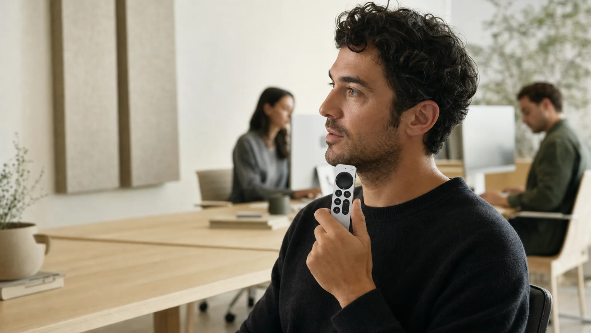 Professional speaking quietly into a Siri Remote in a calm shared office