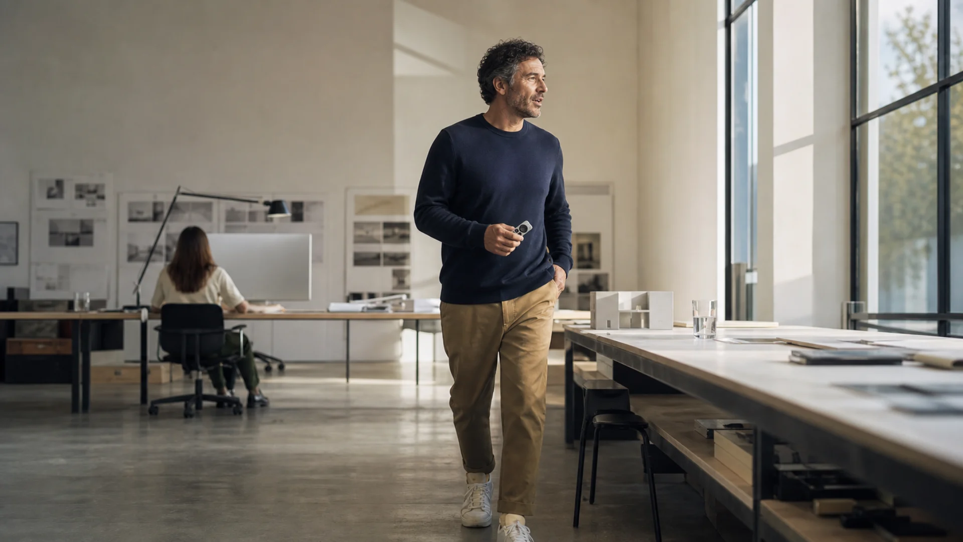 Creative professional pacing through a bright studio with a Siri Remote